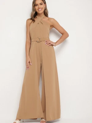 Ciemnobeżowy Koktajlowy Kombinezon Wiązany na Szyję z Paskiem Melafela New Collection
