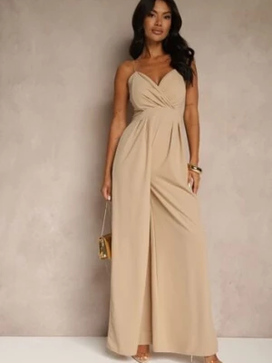 Ciemnobeżowy Kombinezon na Cienkich Ramiączkach z Kopertowym Dekoltem i Szerokimi Nogawkami Jovantia messaya