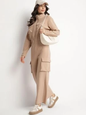 Ciemnobeżowy Kombinezon Utility z Szerokimi Nogawkami o Taliowanym Kroju Liarose defox