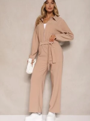 Ciemnobeżowy Kombinezon z Elastyczną Gumką w Pasie z Dodatkowym Wiązaniem o Luźnym Kroju Creera defox