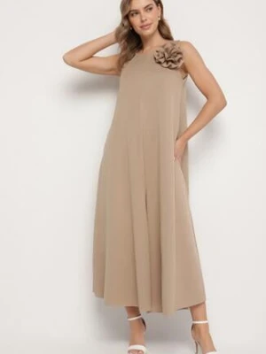 Ciemnobeżowy Kombinezon z Wiskozą i Broszką Kwiatu 3D Odellira pretty