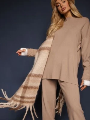 Ciemnobeżowy Komplet 2-częściowy z Dzianiny z Wiskozą Sweter z Półgolfem i Spodnie z Gumką Firiala