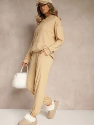 Ciemnobeżowy Komplet Dresowy Spodnie i Bluza z Kapturem i Kangurową Kieszenią Lotilea defox