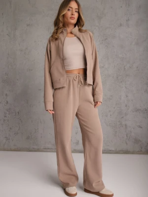 Ciemnobeżowy Komplet Dresowy Spodnie Wide Leg i Bluza na Suwak ze Stójką Milia Swest