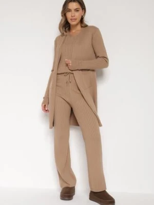 Ciemnobeżowy Komplet Dzianinowy z Bawełną Spodnie Kamizelka i Długi Kardigan Meviravia