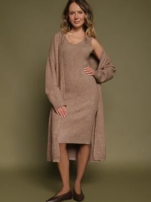 Ciemnobeżowy Komplet Dzianinowy z Wełną Długi Kardigan i Sukienka w Prążki Falandrea j&x