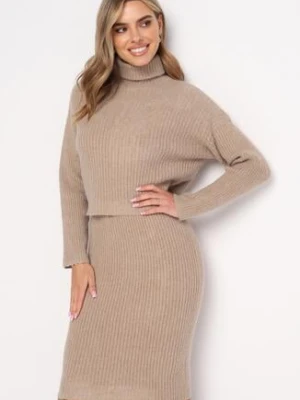 Ciemnobeżowy Komplet Dzianinowy z Wełną i Bawełną Golf i Dopasowana Sukienka Reilaia