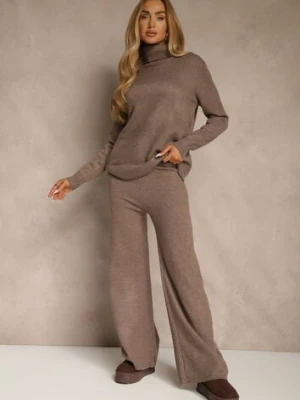 Ciemnobeżowy Komplet Dzianinowy z Wełną i Bawełną Szerokie Spodnie i Golf Lennria