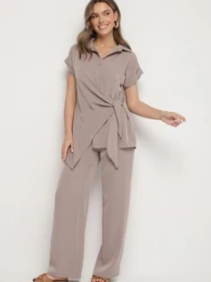 Ciemnobeżowy Komplet Koszula z Asymetrycznym Wiązaniem i Szerokie Spodnie Filivara allyson