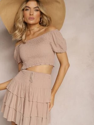 Ciemnobeżowy Komplet z Bawełny Krótka Spódnica z Falbankami i Koszulka z Hiszpańskim Dekolcie Scriba