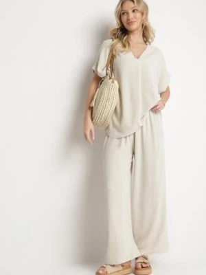 Ciemnobeżowy Komplet z Bawełny T-shirt Oversize i Szerokie Spodnie Lavtebia