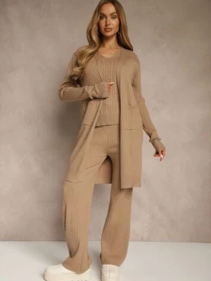 Ciemnobeżowy Komplet z Dzianiny z Bawełną Spodnie Kamizelka i Długi Kardigan Mevalinia