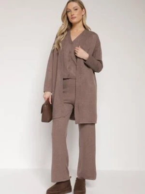 Brązowy Komplet z Dzianiny z Wełną Spodnie Kardigan i Kamizelka na Guziki Meviseffa