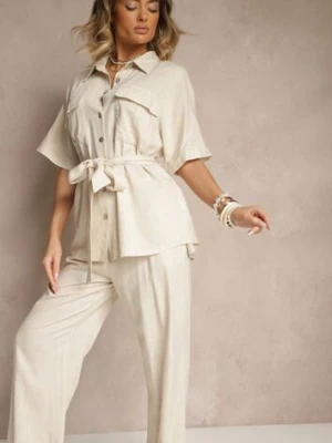 Ciemnobeżowy Komplet z Lnem i Wiskozą Szerokie Spodnie i Koszula z Paskiem Galanitia bisou's project