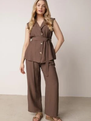 Brązowy Komplet z Topem o Fasonie Kamizelki z Paskiem i Szerokimi Spodniami z Wiskozą Zarinesh cflo