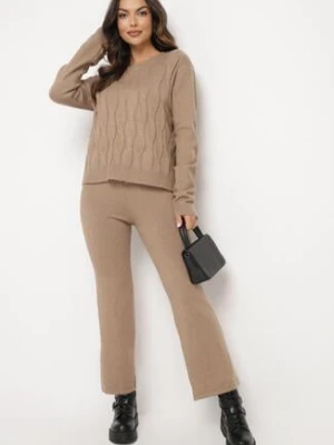 Ciemnobeżowy Komplet z Wełną i Bawełną Sweter ze Splotem i Szerokie Spodnie Reinettia