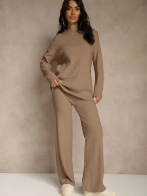 Ciemnobeżowy Komplet z Wełną i Bawełną Szerokie Spodnie i Sweter o Długim Kroju Reilissa