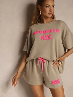 Ciemnobeżowy Komplet z Wiskozą o Fasonie Oversize T-shirt i Szorty Lirafina