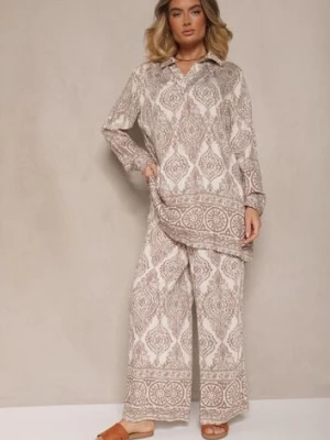 Ciemnobeżowy Komplet z Wiskozą o Kroju Oversize Koszula i Spodnie Nilarithia m&d fashion