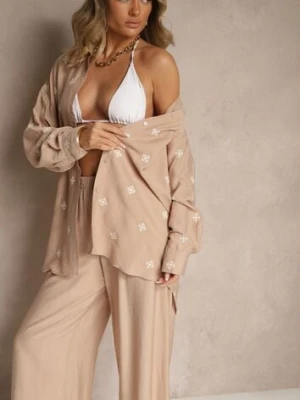 Ciemnobeżowy Komplet z Wiskozy Koszula Zdobiona Haftem i Szerokie Spodnie Hanarella