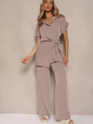 Ciemnobeżowy Komplet ze Spodniami o Szerokim Kroju i Koszulą z Ozdobnym Wiązaniem Filaniella allyson