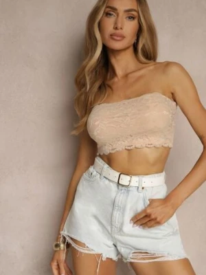 Ciemnobeżowy Koronkowy Top Bandeau o Dopasowanym Kroju Pasiella