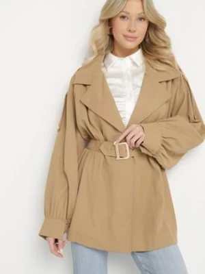 Ciemnobeżowy Krótki Płaszcz z Bufiastymi Rękawami i Elastycznym Paskiem z Klamrą Lirenda unigirl