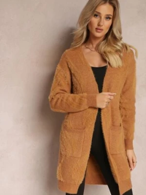 Ciemnobeżowy Luźny Kardigan Niezapinany z Dłuższym Włosiem Karsta wool fashion