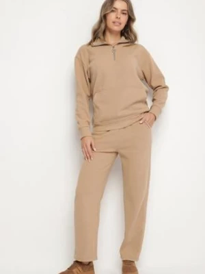 Ciemnobeżowy Ocieplany Komplet Dresowy z Bawełny Bluza z Suwakiem i Spodnie Miretila defox