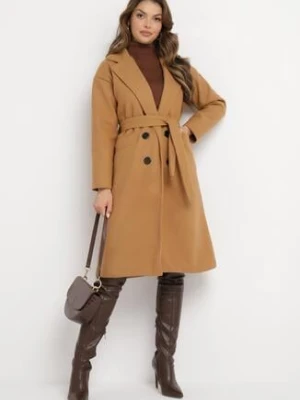 Ciemnobeżowy Płaszcz Dwurzędowy Wiązany Vepha tricot station