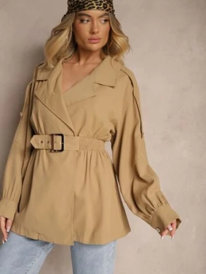 Ciemnobeżowy Płaszcz o Krótkim Fasonie z Paskiem i Elastyczną Talią oraz Bufiastymi Rękawami Pathia unigirl