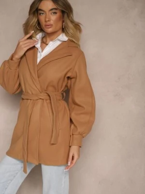 Ciemnobeżowy Płaszcz z Wiązanym Paskiem i Bufiastym Rękawem Agnage tricot station