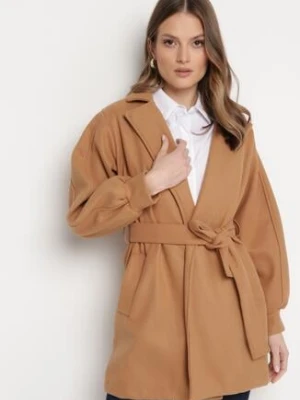 Ciemnobeżowy Płaszcz z Wiązanym Paskiem i Bufiastym Rękawem Imgrucu tricot station
