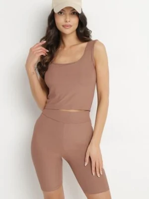 Ciemnobeżowy Prążkowany Komplet Top na Ramiączkach i Szorty Kolarki Mevola j&x