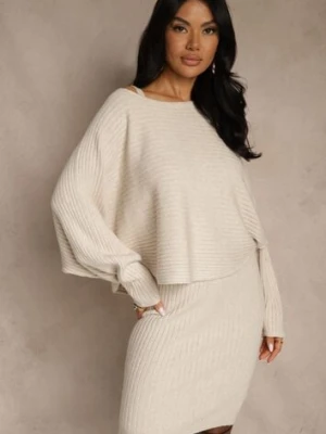 Ciemnobeżowy Prążkowany Komplet z Dzianiny Sukienka Bodycon i Sweter Nietoperz Wediana