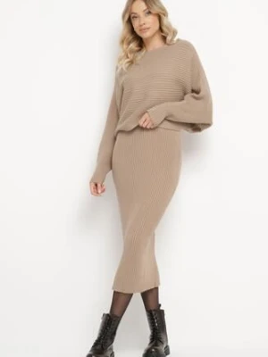 Ciemnobeżowy Prążkowany Komplet z Wiskozą Góra o Kroju Nietoperza Spódnica z Gumką w Pasie Zortia