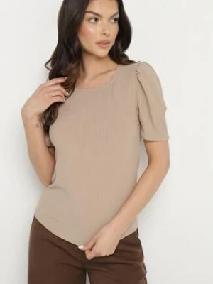 Ciemnobeżowy Prążkowany T-shirt z Zakładkami przy Rękawach Kolanovia glo-story