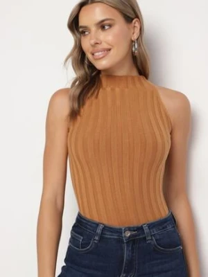 Ciemnobeżowy Prążkowany Top Golf Bez Rękawów z Wiskozą Ninnola lefon