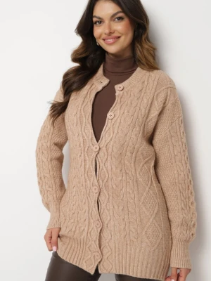 Ciemnobeżowy Rozpinany Kardigan Ozdobiony Tłoczeniem Melorisse Wool Fashion
