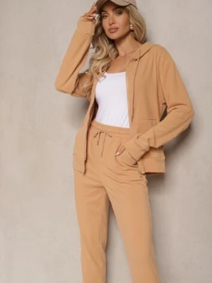 Ciemnobeżowy Sportowy Komplet Dresowy Klasyczne Spodnie i Bluza z Kapturem na Suwak Torvala