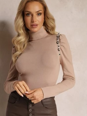 Ciemnobeżowy Sweter Golf z Perełkami Przy Bufiastych Rękawach Hutta manosque