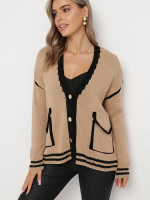 Ciemnobeżowy Sweter Kardigan Ozdobiony Kontrastowymi Lamówkami Sunje Lily Rose