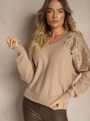 Ciemnobeżowy Sweter o Kroju Nietoperza Ozdobiony Cekinami i Cyrkoniami Nevarraea wei wei