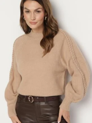 Ciemnobeżowy Sweter Półgolf z Wiskozą i Ozdobnym Splotem na Rękawach Sinovira manosque