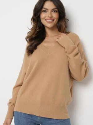 Ciemnobeżowy Sweter z Dekoltem w V z Domieszką Kaszmiru Mariara tandem