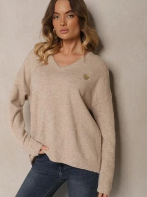 Ciemnobeżowy Sweter z Wełną i Dekoltem w Serek Ziviola acajo