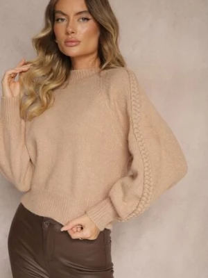 Ciemnobeżowy Sweter z Wiskozą i Splotem w Stylu Warkocz z Półgolfem Sinithia manosque