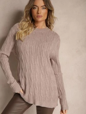 Ciemnobeżowy Sweter z Wiskozą Ozdobiony Tłoczeniem Savra wool fashion