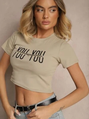 Ciemnobeżowy T-shirt z Bawełny Ozdobiony Łańcuchem i Napisem Olithel emt