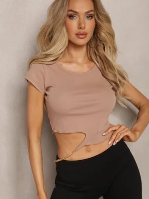 Ciemnobeżowy T-shirt z Bawełny Ozdobiony Wycięciem i Łańcuszkiem Sparkina metro five